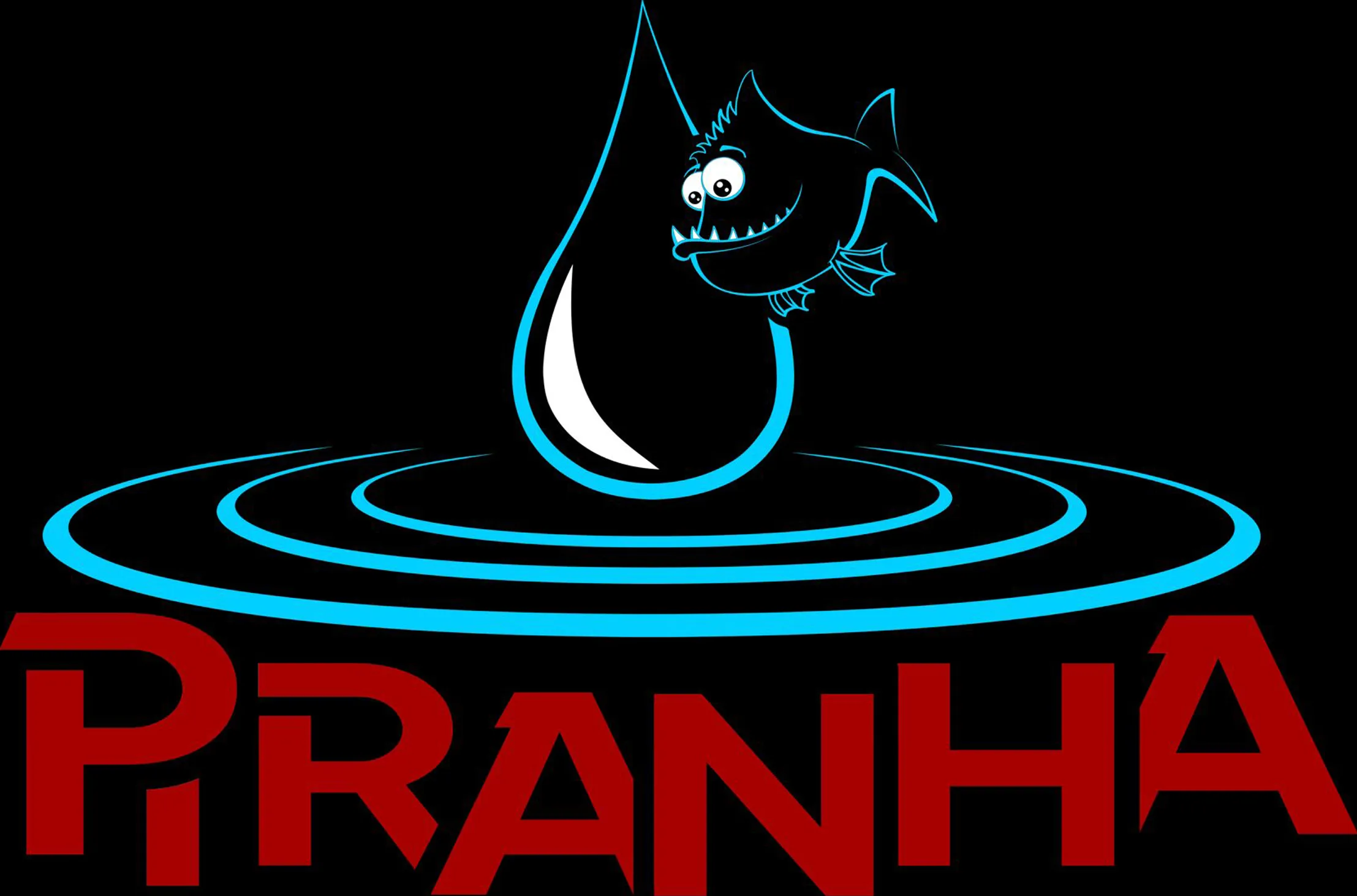 Logo de la société Piranha 64 Fond noir, une goutte d'eau au centre d'ondes bleues et un poisson qui observe le tout