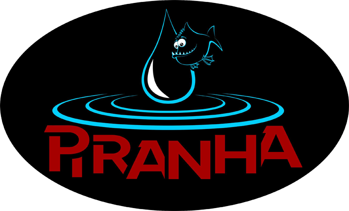 Dessin sur fond noir d'un piranha sympathique près d'une goutte d'eau, souligné des lettres piranha en majuscule